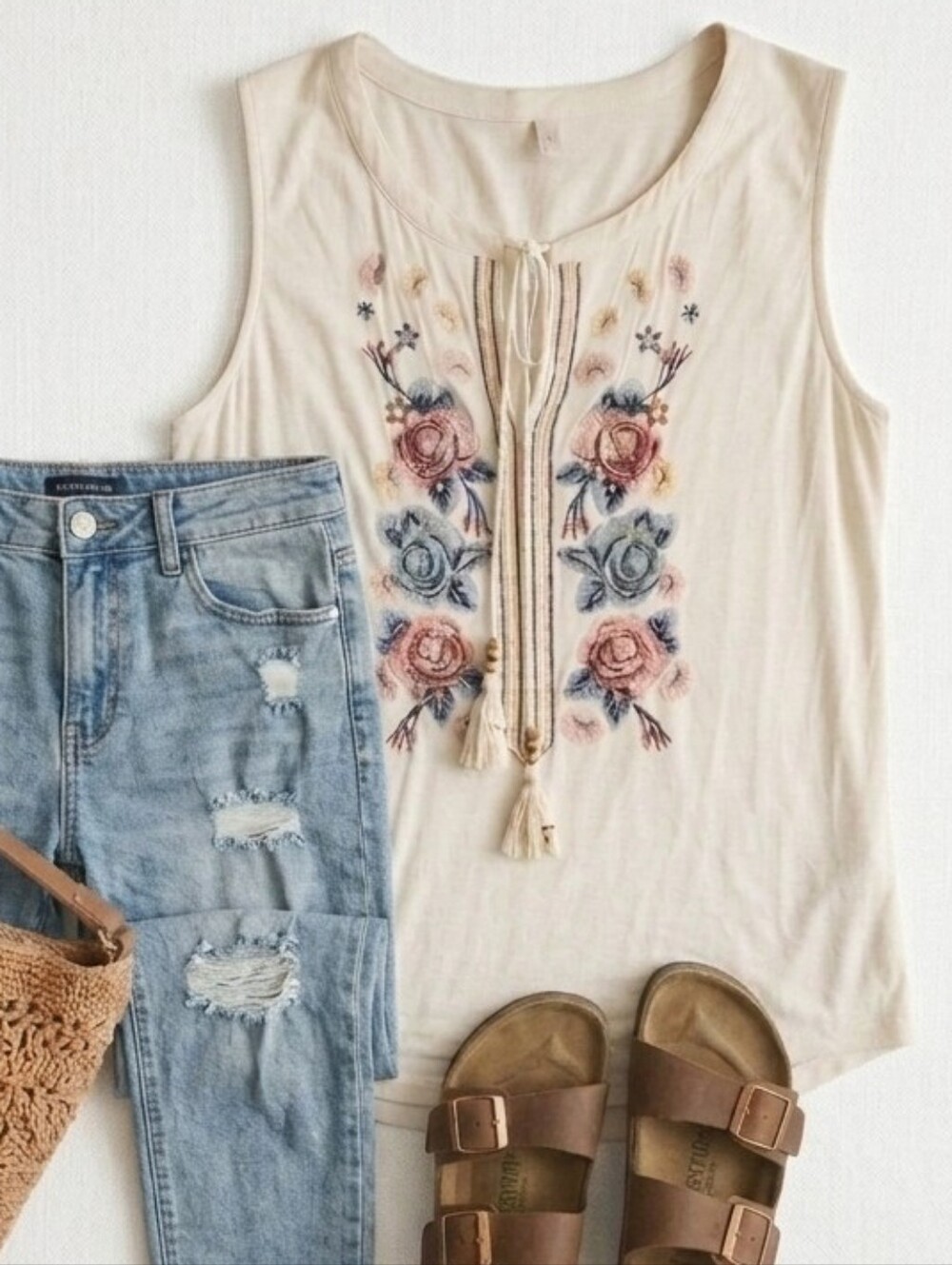 Boho Embrodery Cotton Tank Size Large